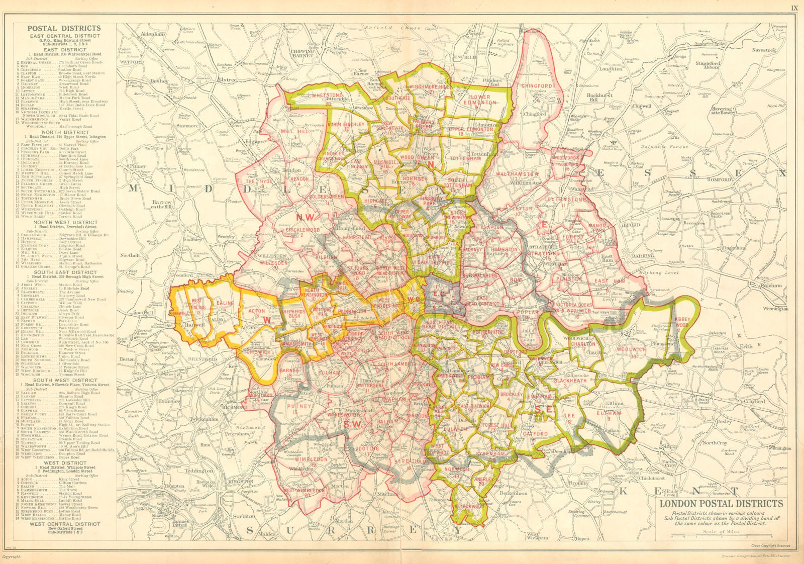 LONDON POSTAL DISTRICTS. Post code areas. N NW W SW SE E. BACON 1934 old map